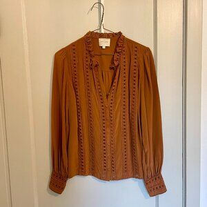 Sezane Caramel Brown Silk Lace Blouse s34